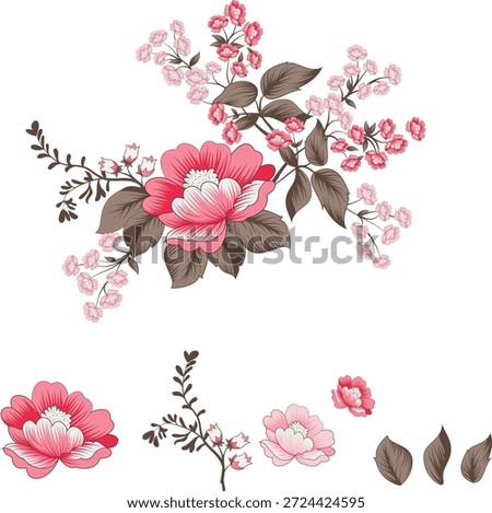 A decorative floral illustration featuring large pink peony-like blooms with layered petals, surrounded by brown leaves and delicate pink blossoms on branching stems.