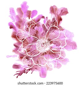 Decorative floral illustration of peony flower on a watercolor background 