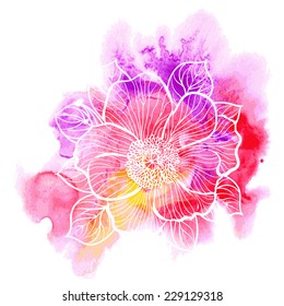 Decorative floral illustration of peony flower on a watercolor background 