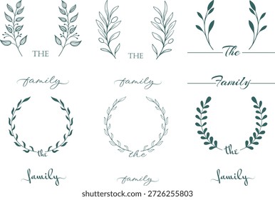 Dekorative Blumen- und Lorbeerkranzelemente mit Text Schlagwörter: Blumen, Äste, Blätter, Lorbeer