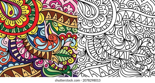 Decorative floral leaves zen tangle design colouring book page for adults vector illustration template Vintage, pattern, decorative, elements, Henna, Mehndi.
