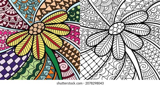 Decorative floral leaves zen tangle design colouring book page for adults vector illustration template Vintage, pattern, decorative, elements, Henna, Mehndi.