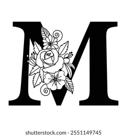 Decorative Floral Letter M Monogram, Black and White Alphabet, Typography Logo Illustration