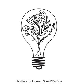 Decorative Floral Lightbulb Illustration, Botanical Black and White Line Art with Blooming Flowers and Foliage