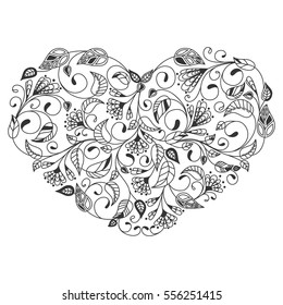 Decorative floral love heart. Coloring book for adult and children. Vector illustration.