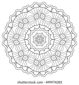 Decorative floral mandala background. Round geometric ornament decoration, isolated gray on white. Zen-doodle art for coloring book. Tribal ethnic sketch mandala pattern for coloring page