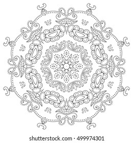 Decorative floral mandala background. Round geometric ornament decoration, isolated gray on white. Zen-doodle art for coloring book. Tribal ethnic sketch mandala pattern for coloring page