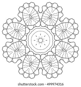 Decorative floral mandala background. Round geometric ornament decoration, isolated gray on white. Zen-doodle art for coloring book. Tribal ethnic sketch mandala pattern for coloring page