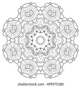 Decorative floral mandala background. Round geometric ornament decoration, isolated gray on white. Zen-doodle art for coloring book. Tribal ethnic sketch mandala pattern for coloring page