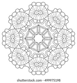 Decorative floral mandala background. Round geometric ornament decoration, isolated gray on white. Zen-doodle art for coloring book. Tribal ethnic sketch mandala pattern for coloring page