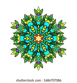 Decorative floral mandala with green, yellow, blue and purple elements on white isolated background. Suitable  for covers, banners.