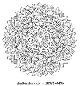 Decorative floral mandala with small and middle patterns on white isolated background. For coloring book pages.