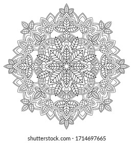 Decorative floral mandala with stylized leaf and simple decor on white isolated background. Big size. For coloring book pages.