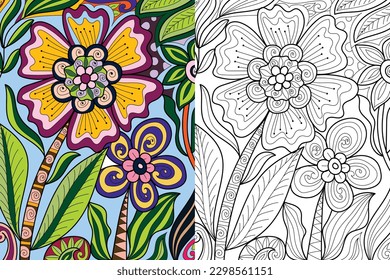 Decorative floral mehndi design style coloring book page illustration hand drawn