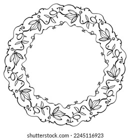 Decorative floral minimalistic wreath for a plate, card, coaster design. Doodles. Black on White.