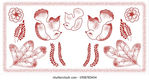 Decorative floral monochrome background including leaves, branches and a fictional birds