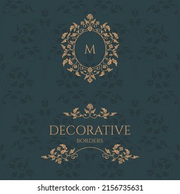 Monograma y borde floral decorativos. Páginas de diseño gráfico, cartel de negocios, boutiques, cafés, hoteles. Elementos de diseño clásicos para invitaciones de boda. 