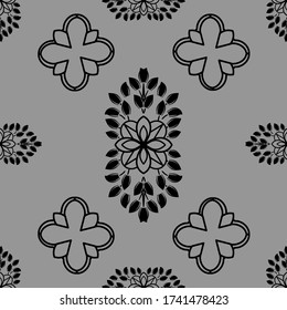 Decorativo patrón monocromo floral sin fisuras en estilo moderno damasco ornamental. Diseño elegante de la superficie de tejas vectoriales. Negro ornamentado sobre fondo de color