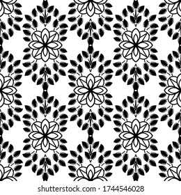 Decorative floral monohrome seamless pattern in ornamental damask modern style. Vector elegant tile surface design. Black ornate on color background