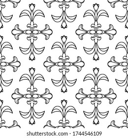 Decorative floral monohrome seamless pattern in ornamental damask modern style. Vector elegant tile surface design. Black ornate on white background