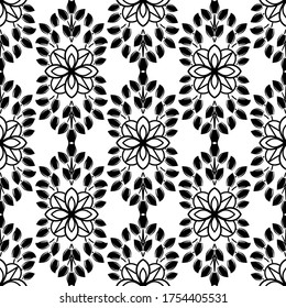 Decorative floral monohrome seamless pattern in ornamental damask modern style. Vector elegant tile surface design. Black ornate on color background