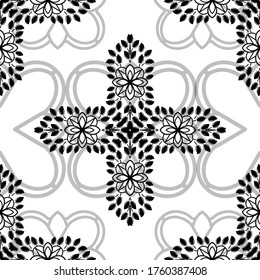 Decorative floral monohrome seamless pattern in ornamental damask modern style. Vector elegant tile surface design. Black ornate on white background