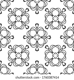 Decorative floral monohrome seamless pattern in ornamental damask modern style. Vector elegant tile surface design. Black ornate on white background