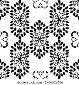 Decorative floral monohrome seamless pattern in ornamental damask modern style. Vector elegant tile surface design. Black ornate on white background