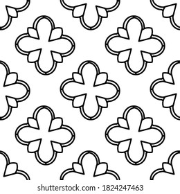 Decorative floral monohrome seamless pattern in ornamental damask modern style. Vector elegant tile surface design. Black ornate on white background