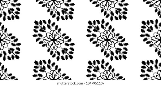 Decorative floral monohrome seamless pattern in ornamental damask modern style. Vector elegant tile surface design. Black ornate on white background