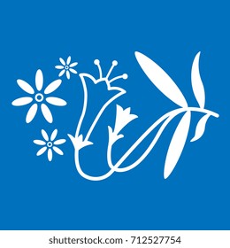 Decorative floral motif with bluebell. White on a blue background.