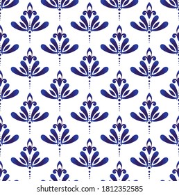 decorative floral ornament backdrop baroque style, porcelain pottery, cute blue and white ceramic background for design texture, tile, silk and fabric, vintage damask pattern seamless wallpaper vector