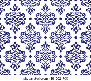 decorative floral ornament backdrop baroque style, porcelain pottery, blue and white ceramic wallpaper background for design texture, tile, silk, carpet, fabric, vintage damask pattern seamless vector