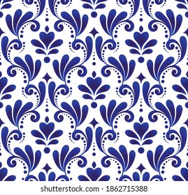 decorative floral ornament backdrop baroque style, porcelain pottery, cute blue and white ceramic background for design texture, tile, silk and fabric, vintage damask pattern seamless wallpaper vector