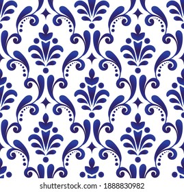 decorative floral ornament backdrop baroque style, porcelain pottery, cute blue and white ceramic background for design texture, tile, silk and fabric, vintage damask pattern seamless wallpaper vector