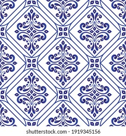 decorative floral ornament backdrop baroque style, porcelain pottery, cute blue and white ceramic background for design texture, tile, silk and fabric, vintage damask pattern seamless wallpaper vector