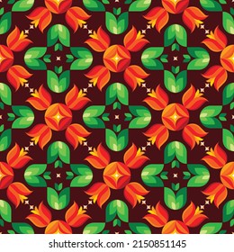 Decorative floral ornament background. Flower mosaic seamless pattern. Tulips, fruits, green leaves symbols. Vector illustration. 