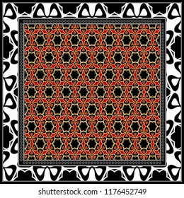 Decorative floral ornament with decorative border. For fashion print, bandanna, tablecloth, neck scarf.