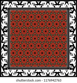 Decorative floral ornament with decorative border. For fashion print, bandanna, tablecloth, neck scarf.