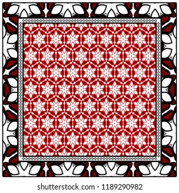 Decorative floral ornament with decorative border. For fashion print, bandanna, tablecloth, neck scarf.