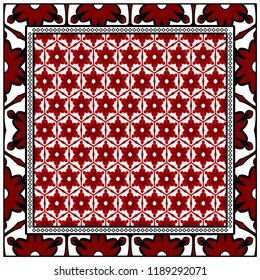 Decorative floral ornament with decorative border. For fashion print, bandanna, tablecloth, neck scarf.