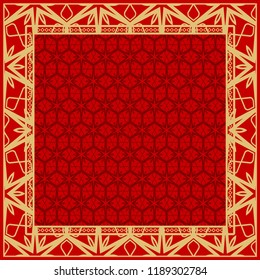 Decorative floral ornament with decorative border. For fashion print, bandanna, tablecloth, neck scarf.