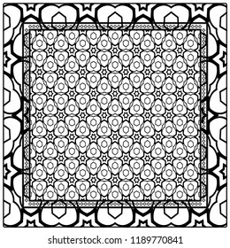 Decorative floral ornament with decorative border. For fashion print, bandanna, tablecloth, neck scarf.