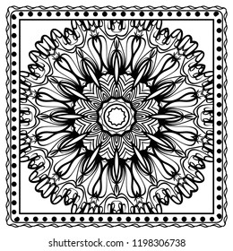 Decorative floral ornament with decorative border. For fashion print, bandanna, tablecloth, neck scarf.
