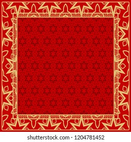 Decorative floral ornament with decorative border. For fashion print, bandanna, tablecloth, neck scarf.