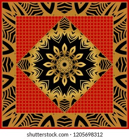 Decorative floral ornament with decorative border. For fashion print, bandanna, tablecloth, neck scarf.
