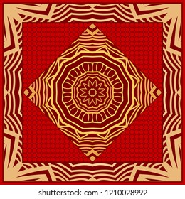 Decorative floral ornament with decorative border. For fashion print, bandanna, tablecloth, neck scarf.