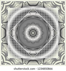 Decorative floral ornament with decorative border. For fashion print, bandanna, tablecloth, neck scarf.