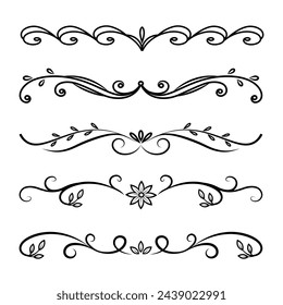 Adorno floral decorativo y borde, colección vectorial de elementos de diseño caligráfico, aislado sobre fondo blanco.