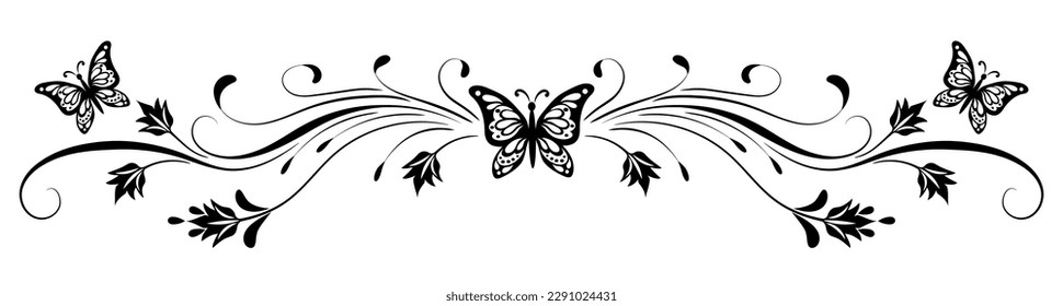 Decorative floral ornament with butterflies, leaves, flowers and abstract lines. Element for decor and greeting card design